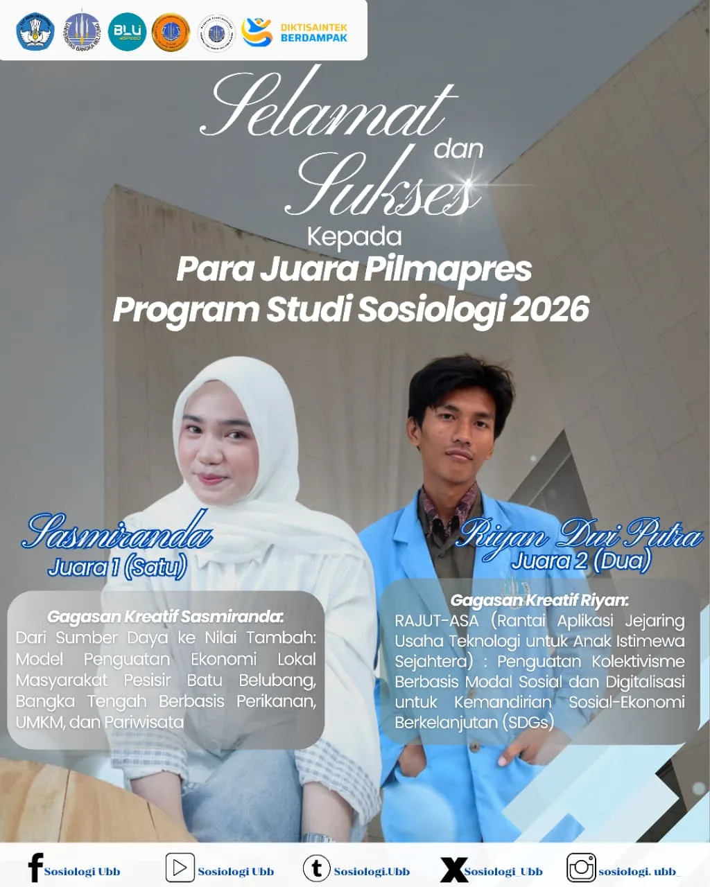 Sasmiranda dan Riyan Dwi Putra Raih Juara Pilmapres Prodi Sosiologi