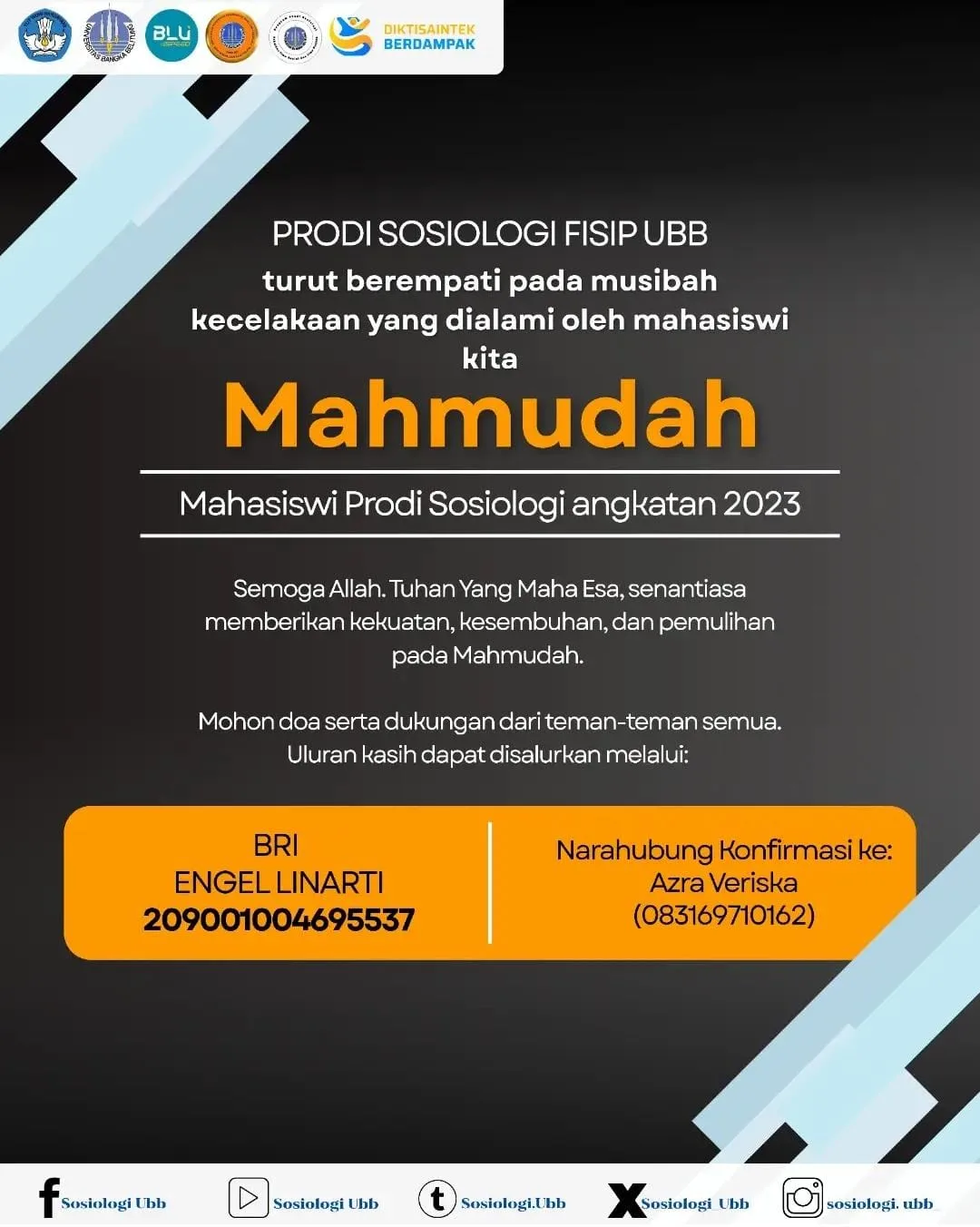 Prodi Sosiologi FISIP UBB Sampaikan Dukungan untuk Mahmudah yang Mengalami Kecelakaan